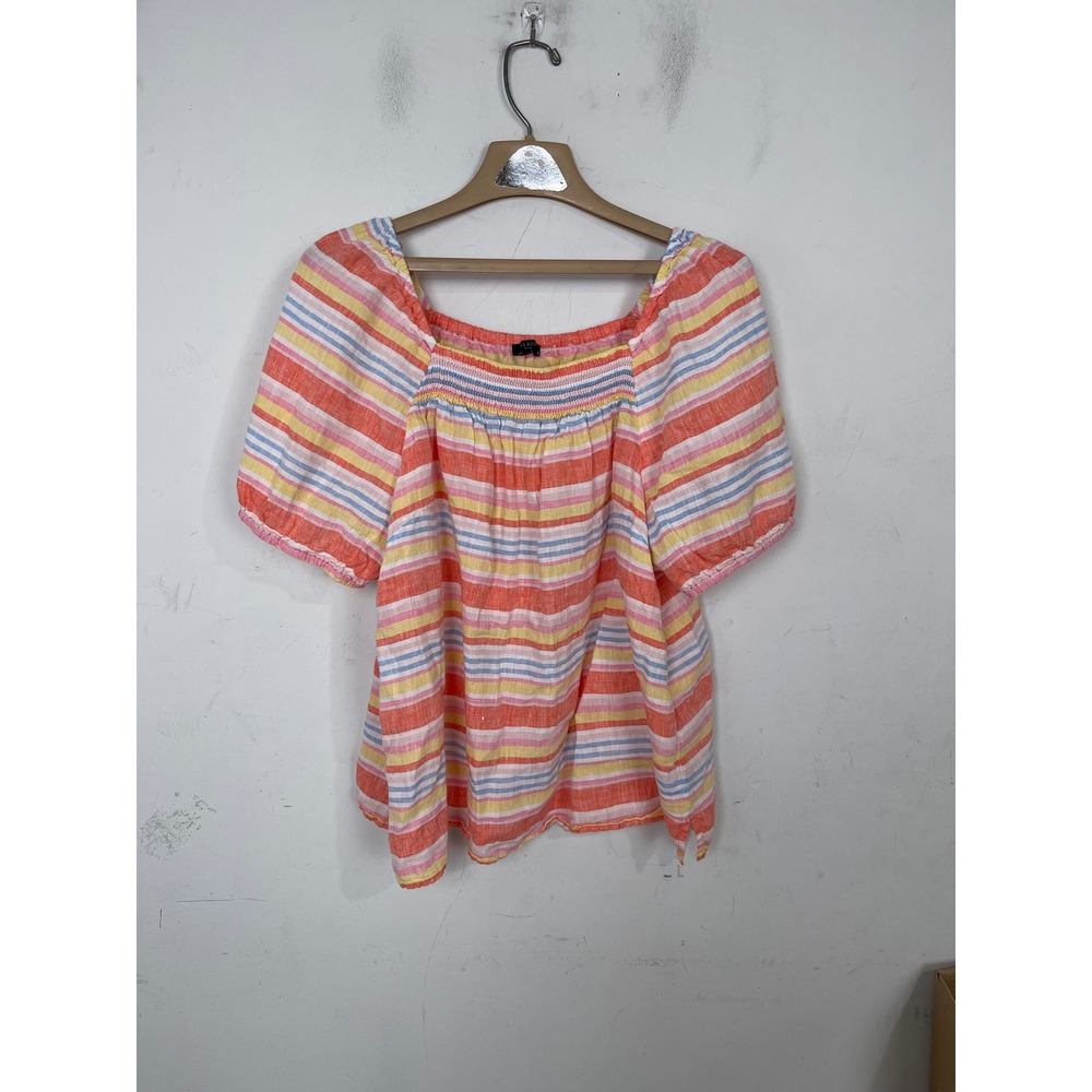 Talbots Petite XL Linen Striped Smocked Square Neck Puff Sleeve Top Multi-Color